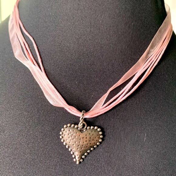 Necklace heart pink ribbon choker - Picture 1 of 8